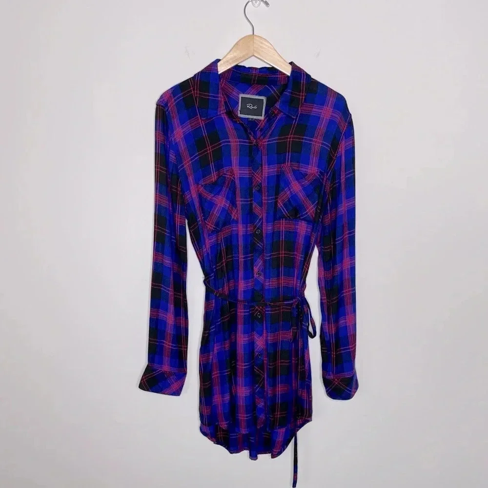 RAILS Nadine Flannel Plaid Royal Blue Red Shirt Dress Tie pockets Cabincore